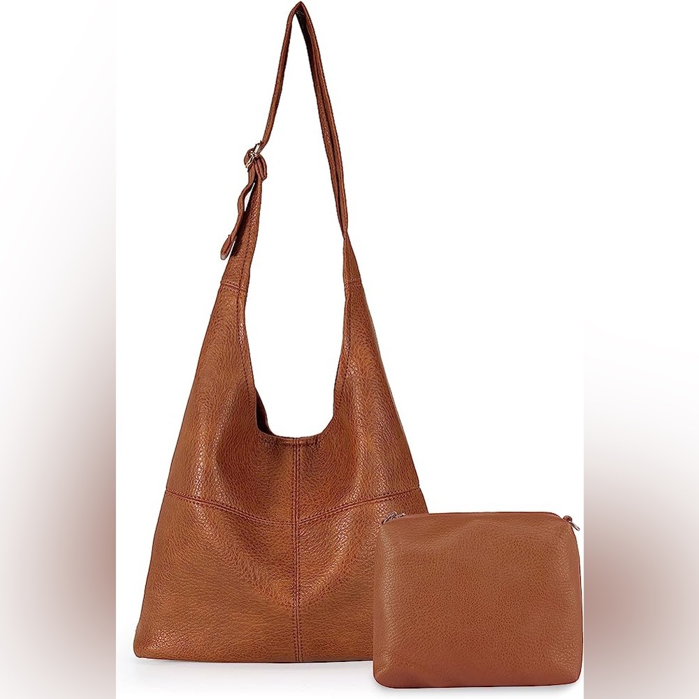 BROWN SUPER SOFT VEGAN LEATHER SHOULDER BAG AND COIN CLUTCH 2 PIECE SET - Picture 1 of 6